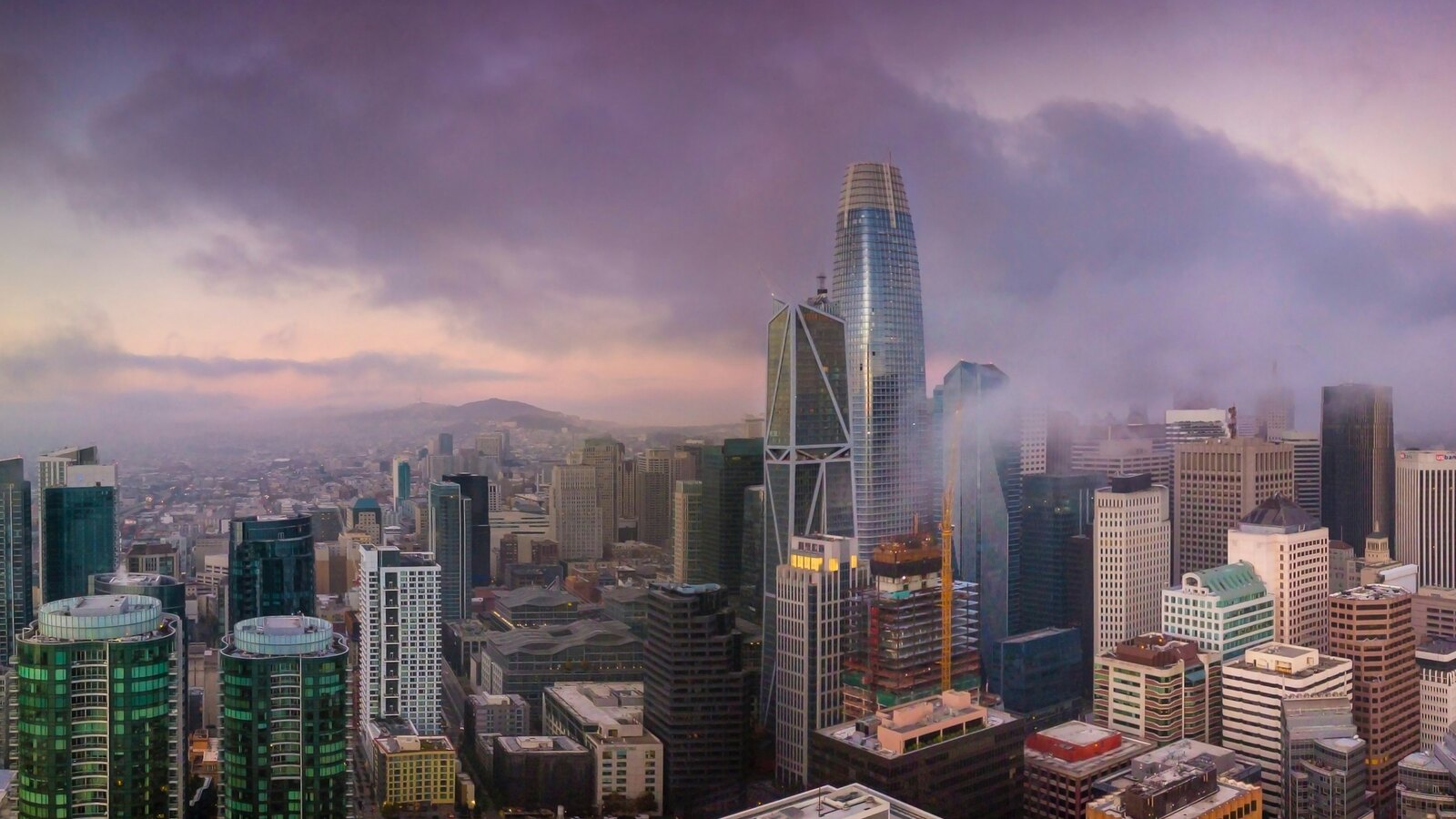City skyline at dusk seen from above